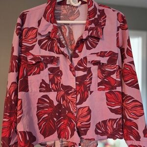 Sofia by Sofia Vergara Red and Pink Leaf Print Button Down Shirt